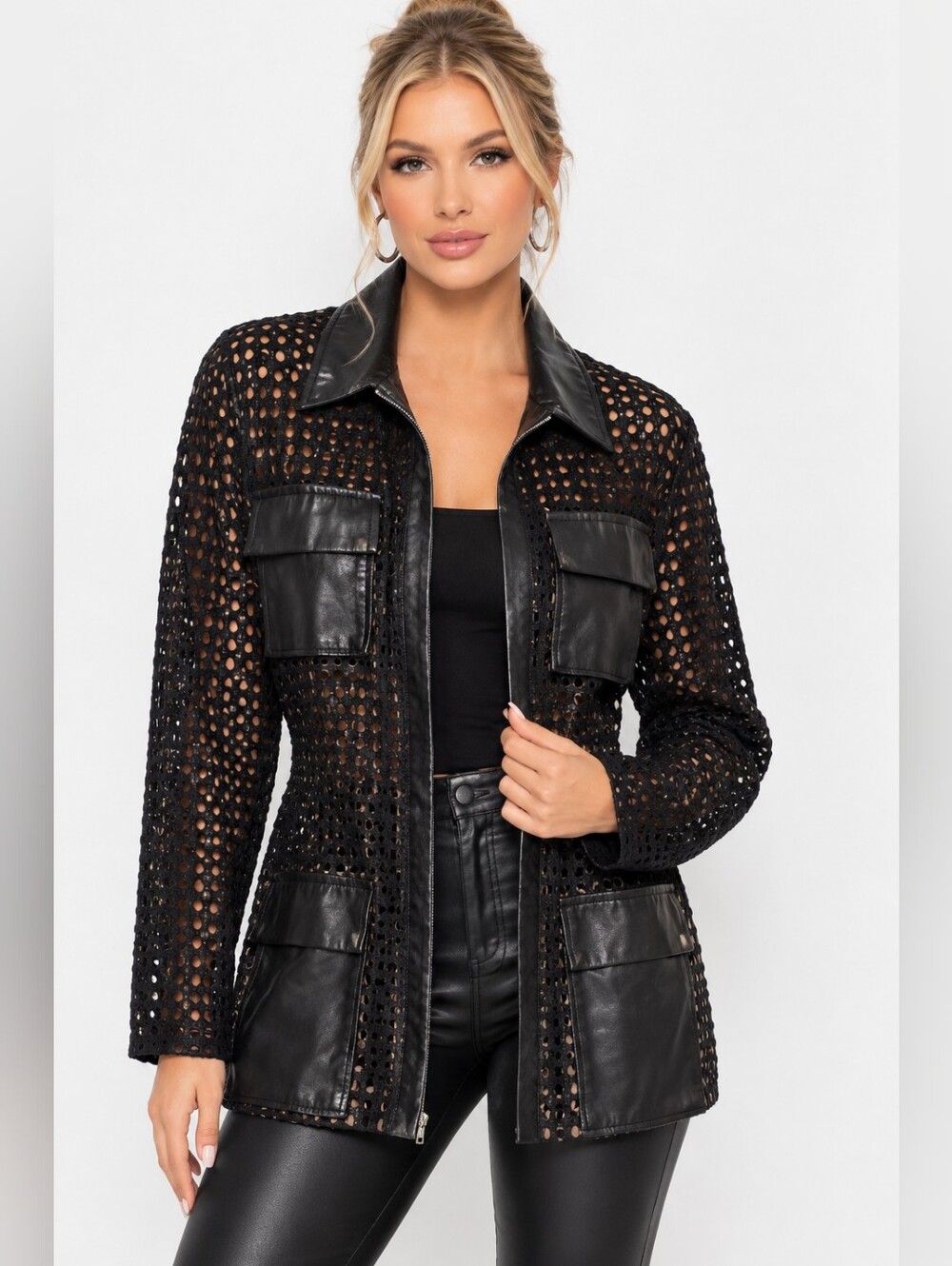 NWT Black Mixed-Media Faux Leather & Knit Jacket - Women's M 🔥🔥🔥